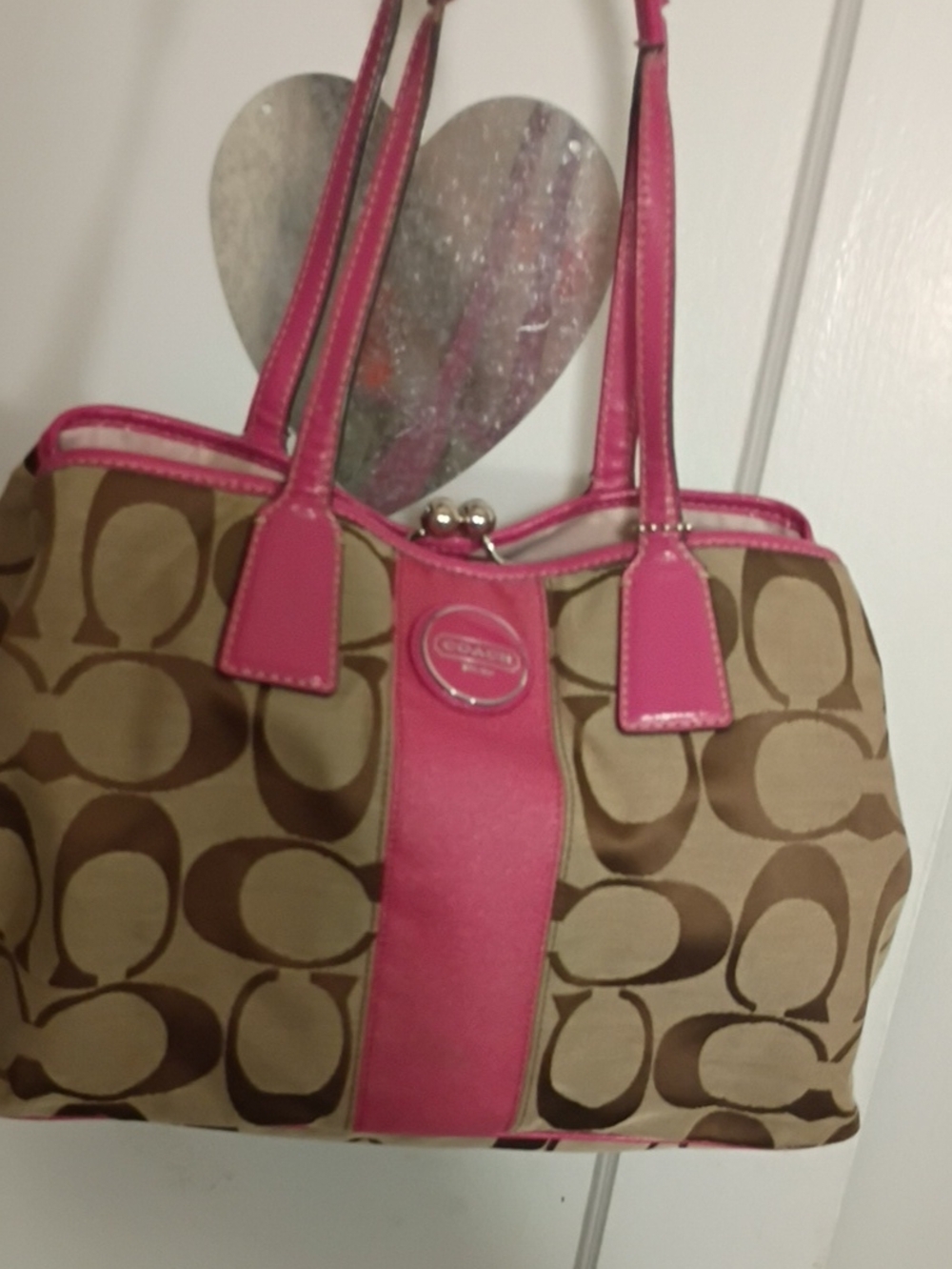 Coach Beige Brown Signature Shoulder Bag with Pink Trim